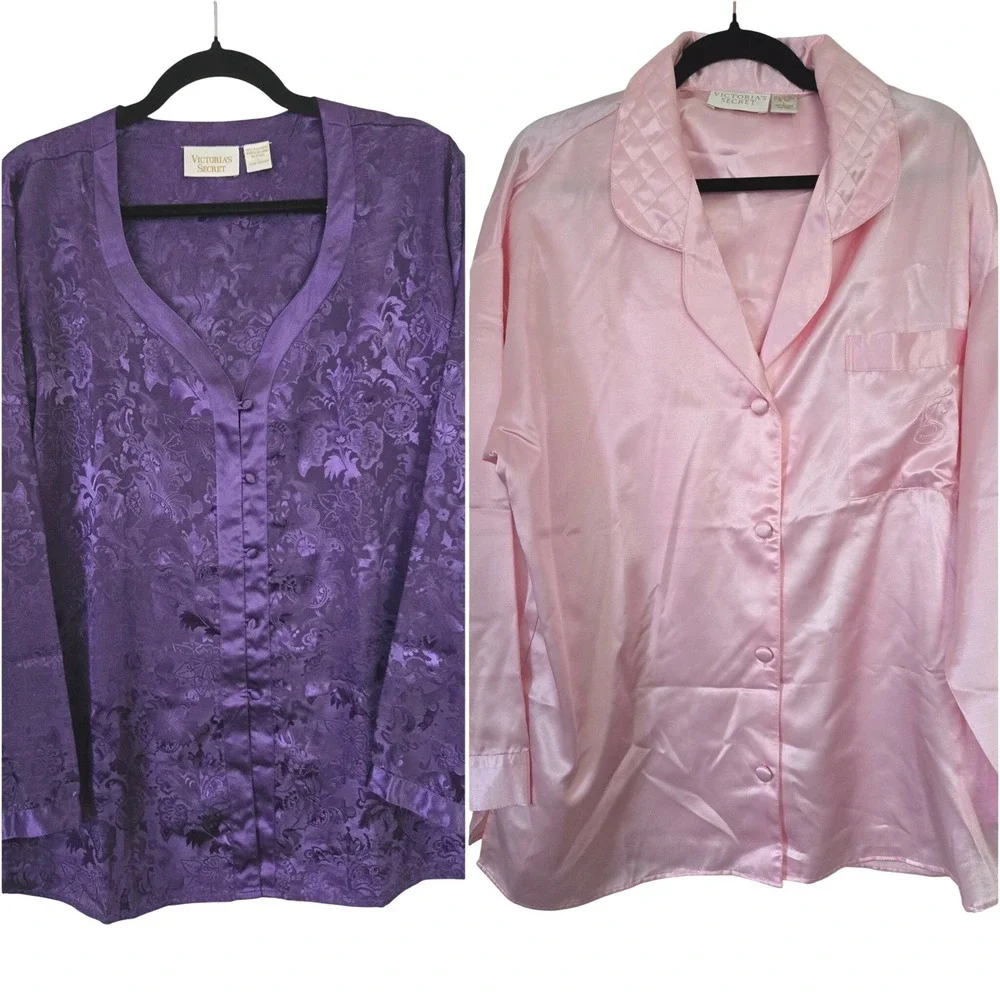 Victoria's Secret Vintage Gold Label Pajama Top Set of 2 Satin Large Nightshirt